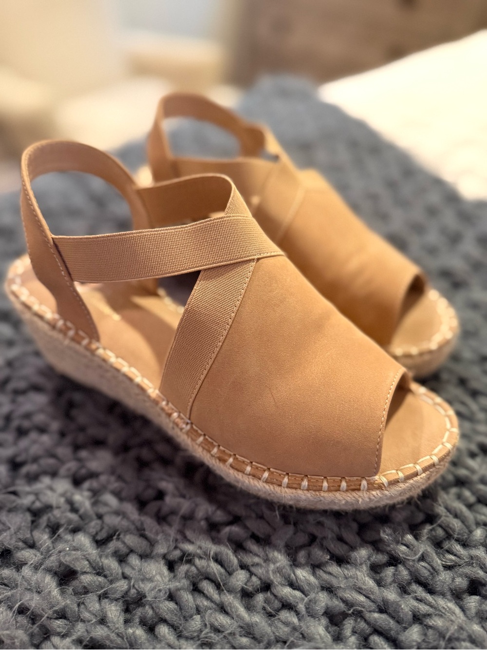 Catherine Malandrino Tan Espadrille Wedge Sandals with Cross Elastic Straps